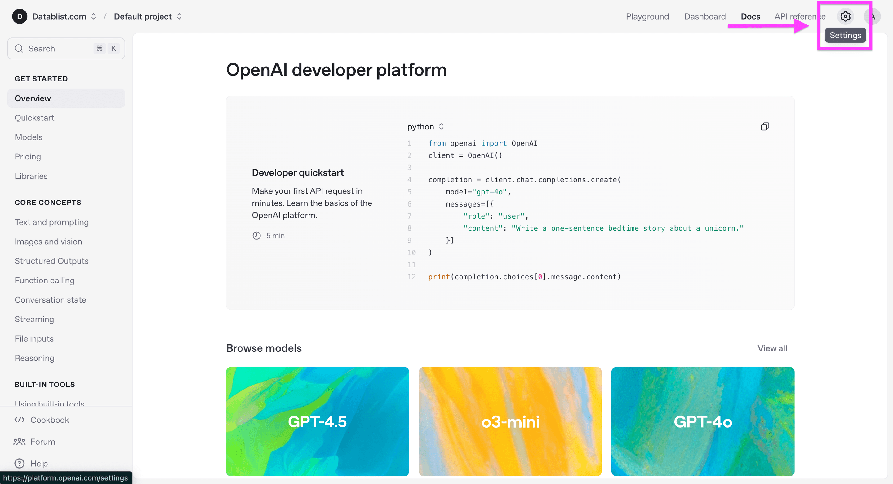 OpenAIのドキュメント・プラットフォーム画面