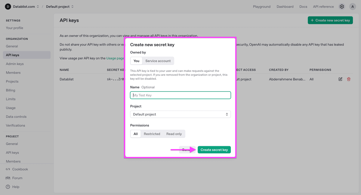 Impostazioni OpenAI API key