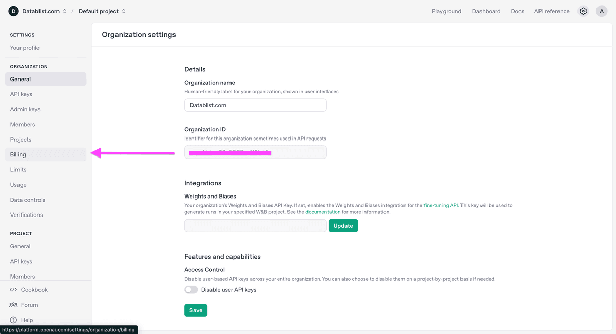 Pagina impostazioni generali OpenAI