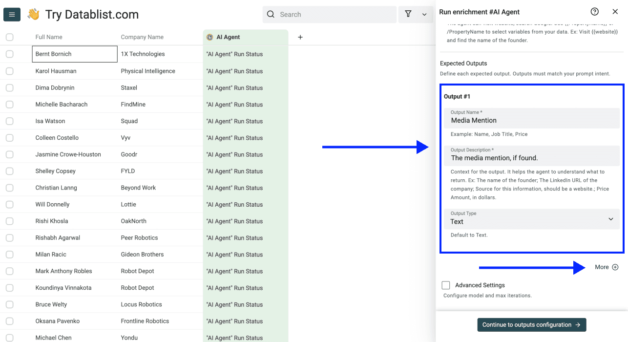 ChatGPT Search gebruiken in een spreadsheet - Output configuratie