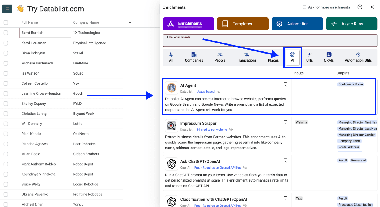 ChatGPT Search gebruiken in een spreadsheet - Naar AI Agent gaan