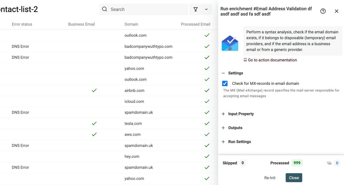 Email verification results