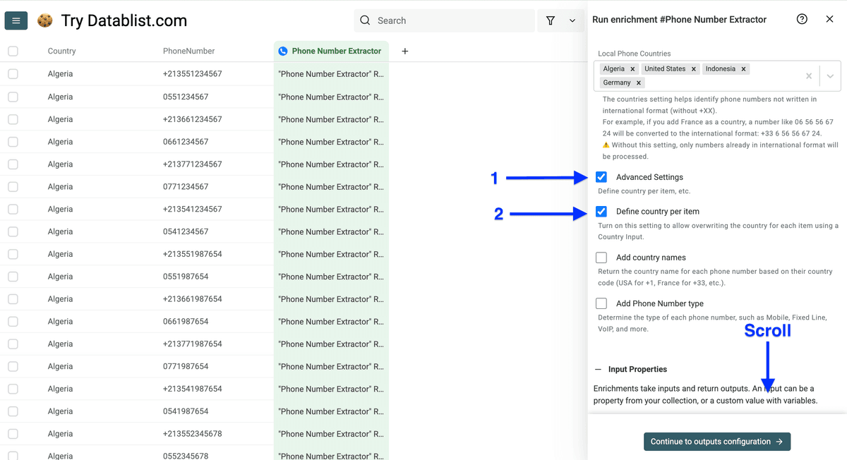 Advanced settings of Datablist’s phone number formatter
