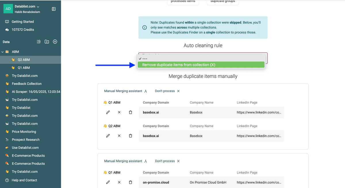 Cleaning rule configuration of multi-collection deduplication