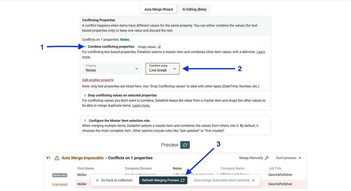 Conflict handling settings of column-based deduplication