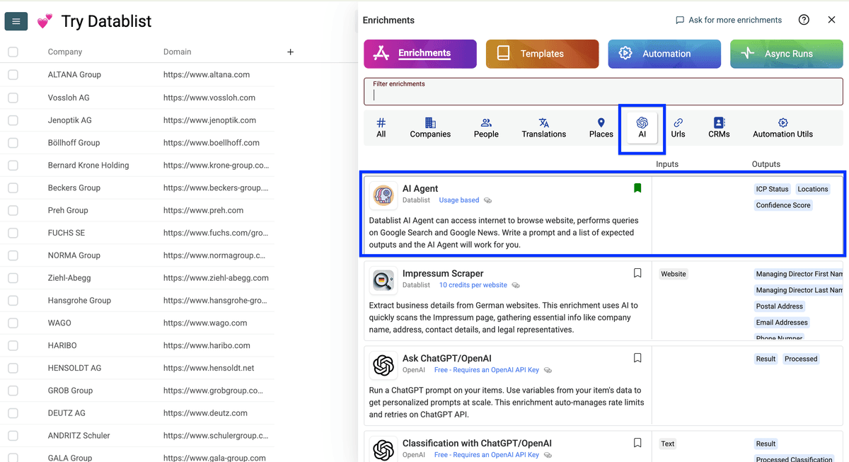 Datablist’s AI enrichment listing, AI Agent