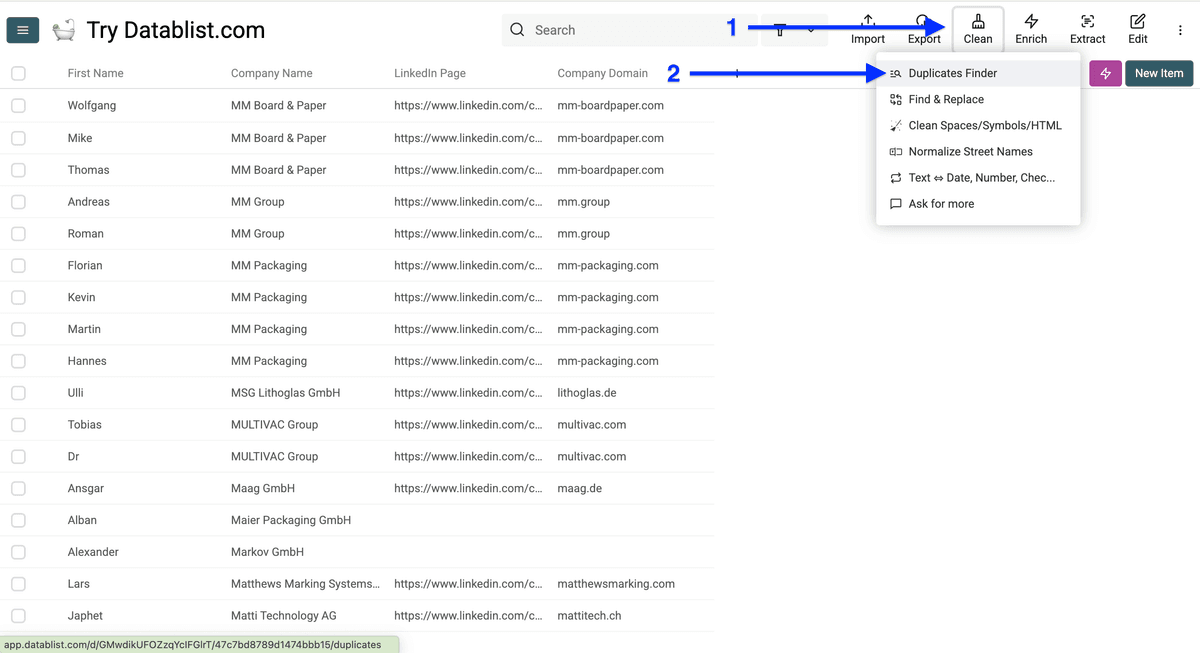 Datablist collection for contact deduplication