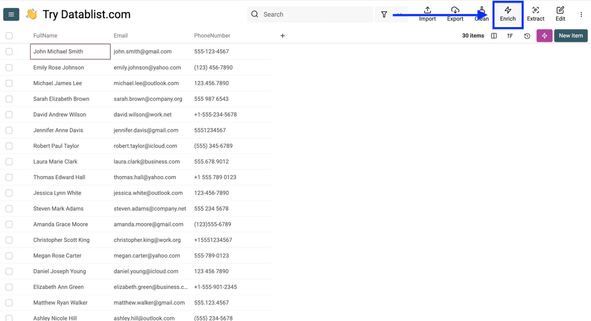 Datablist collection for splitting first, middle and last names