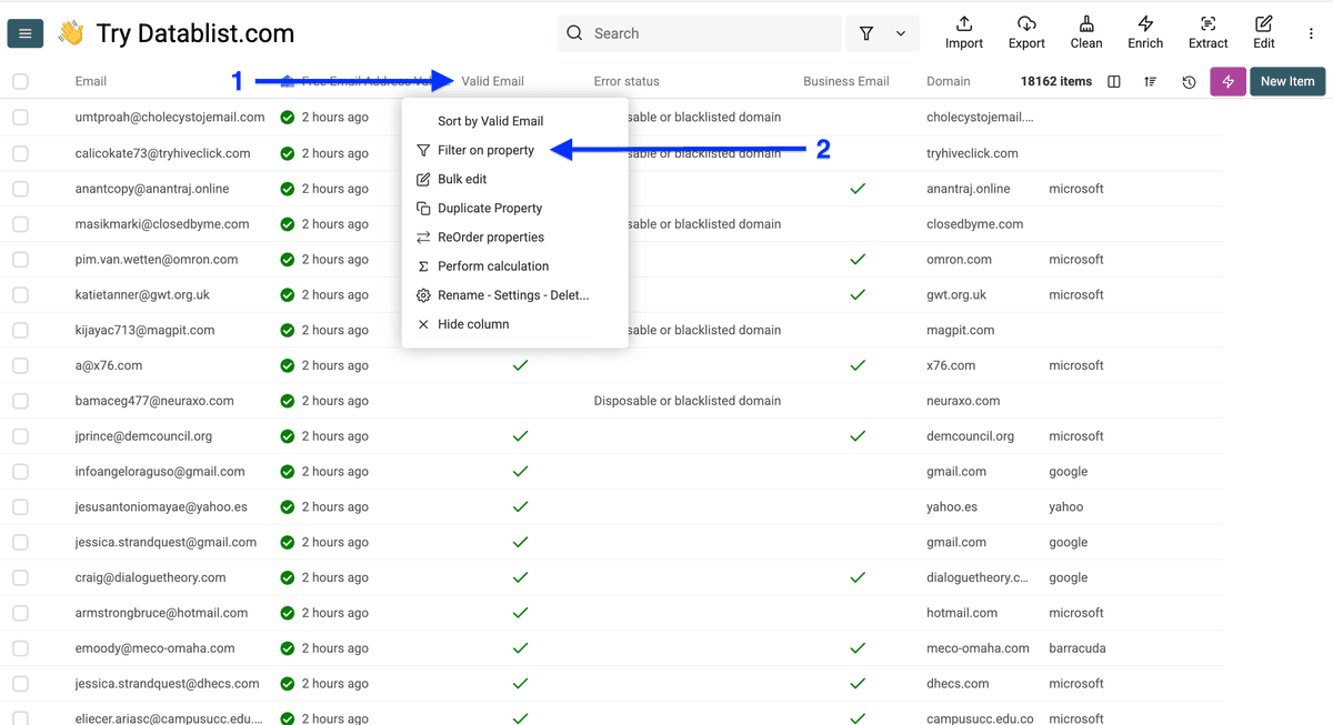 Datablist collection, opened column header