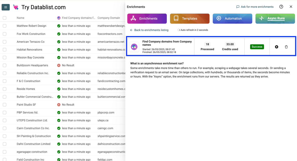Datablist enrichment log, Domain Finder