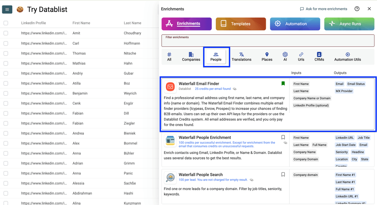 Datablist’s people enrichment listing, Waterfall Email Finder