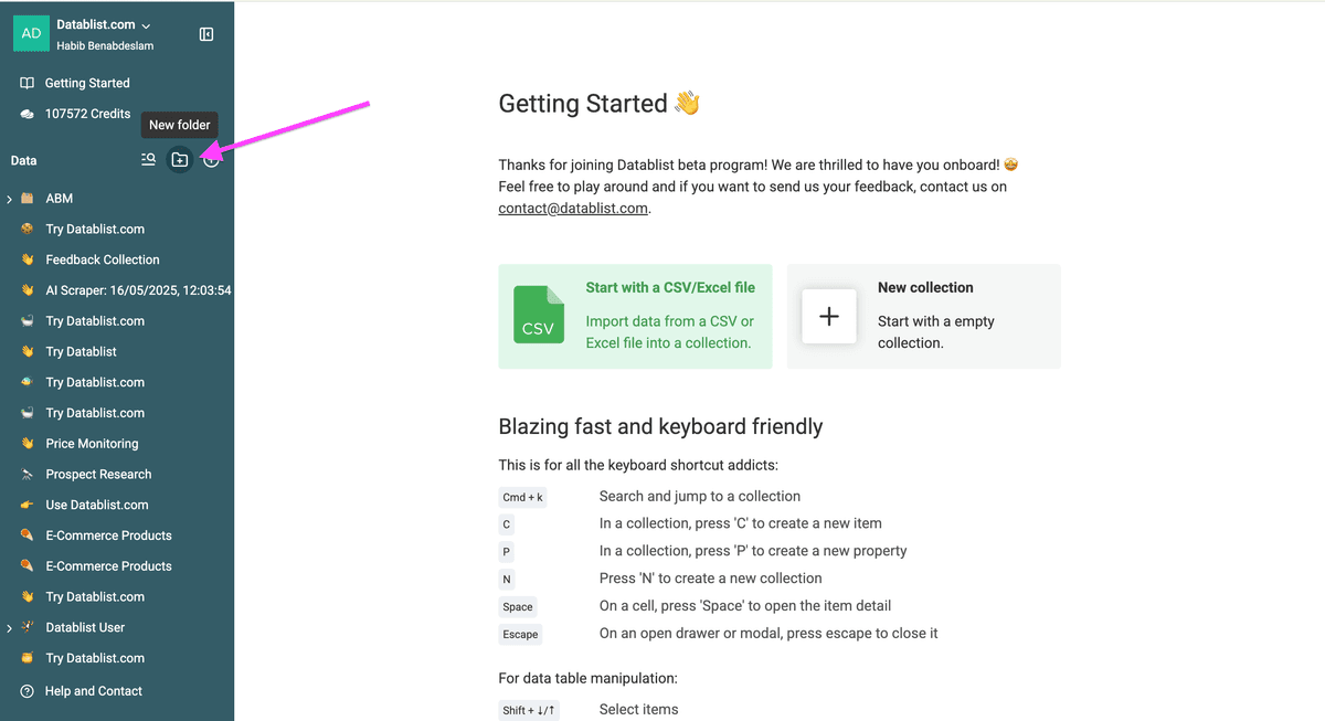 Datablist start page, folder creation