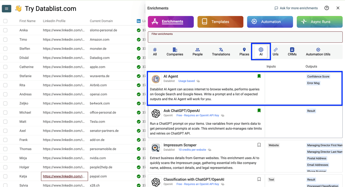 Datablist’s AI enrichment listing, Ask ChatGPT