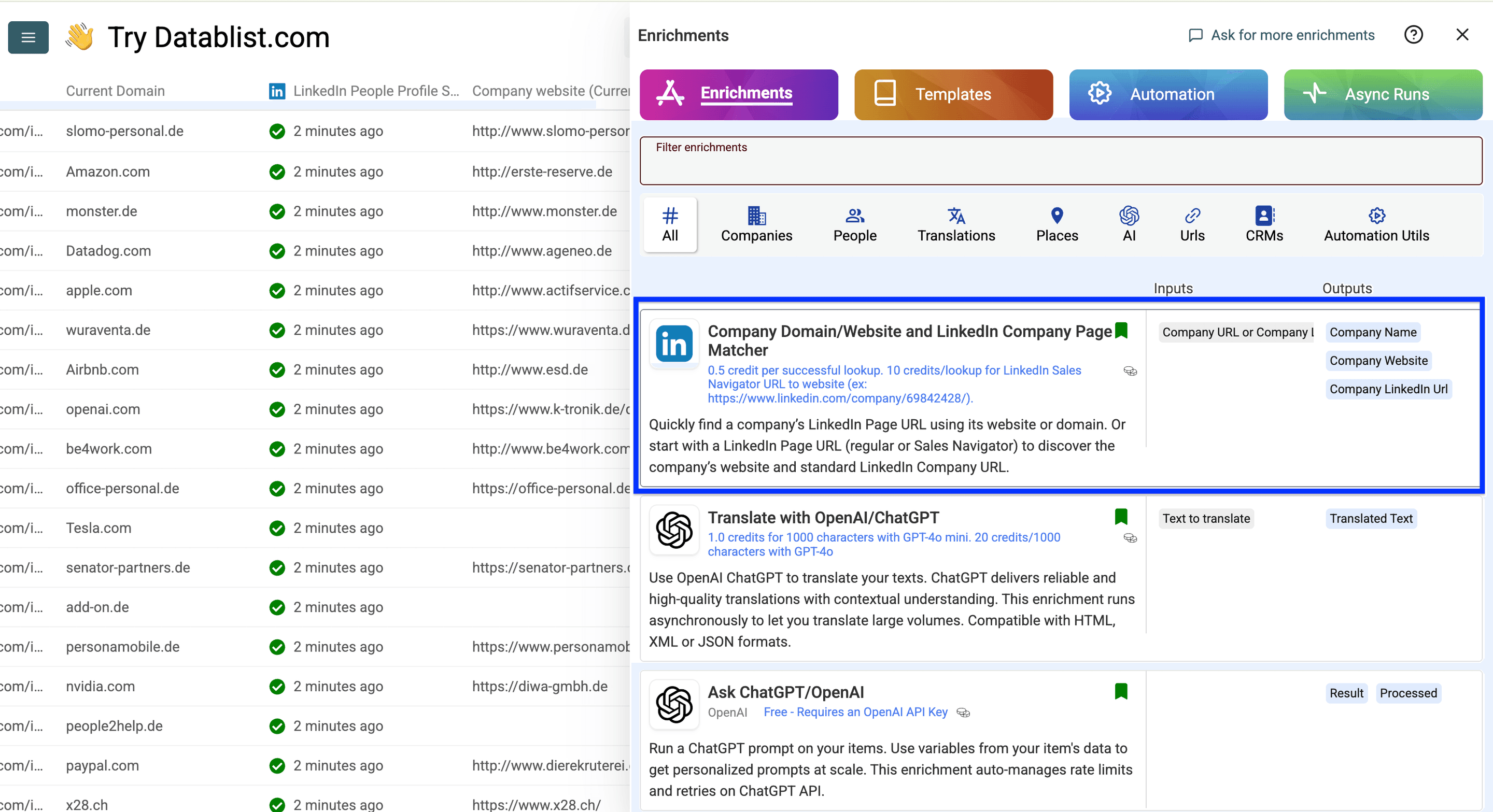 LinkedInページからドメインを探すEnrichment