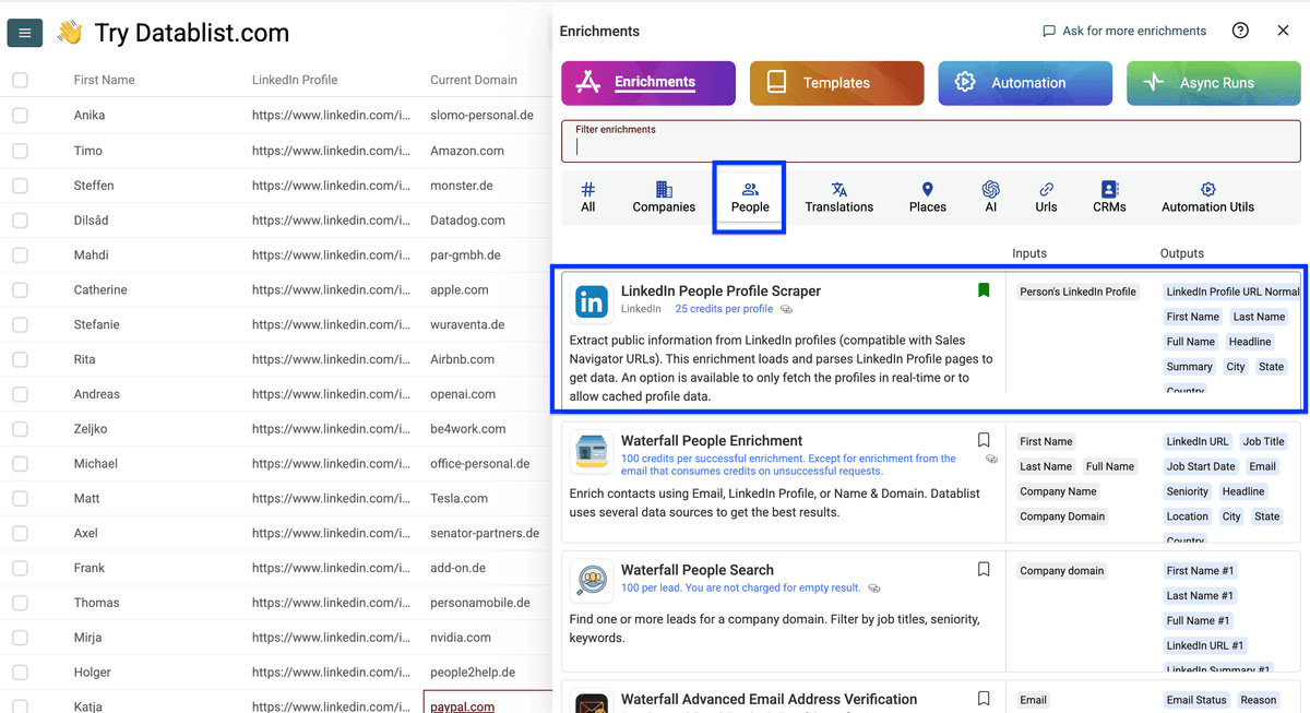 Datablist’s people enrichment listing, LinkedIn profile scraper