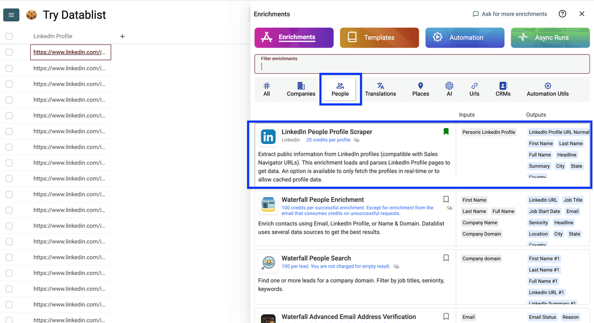 Datablist’s people enrichment listing, LinkedIn Profile Scraper