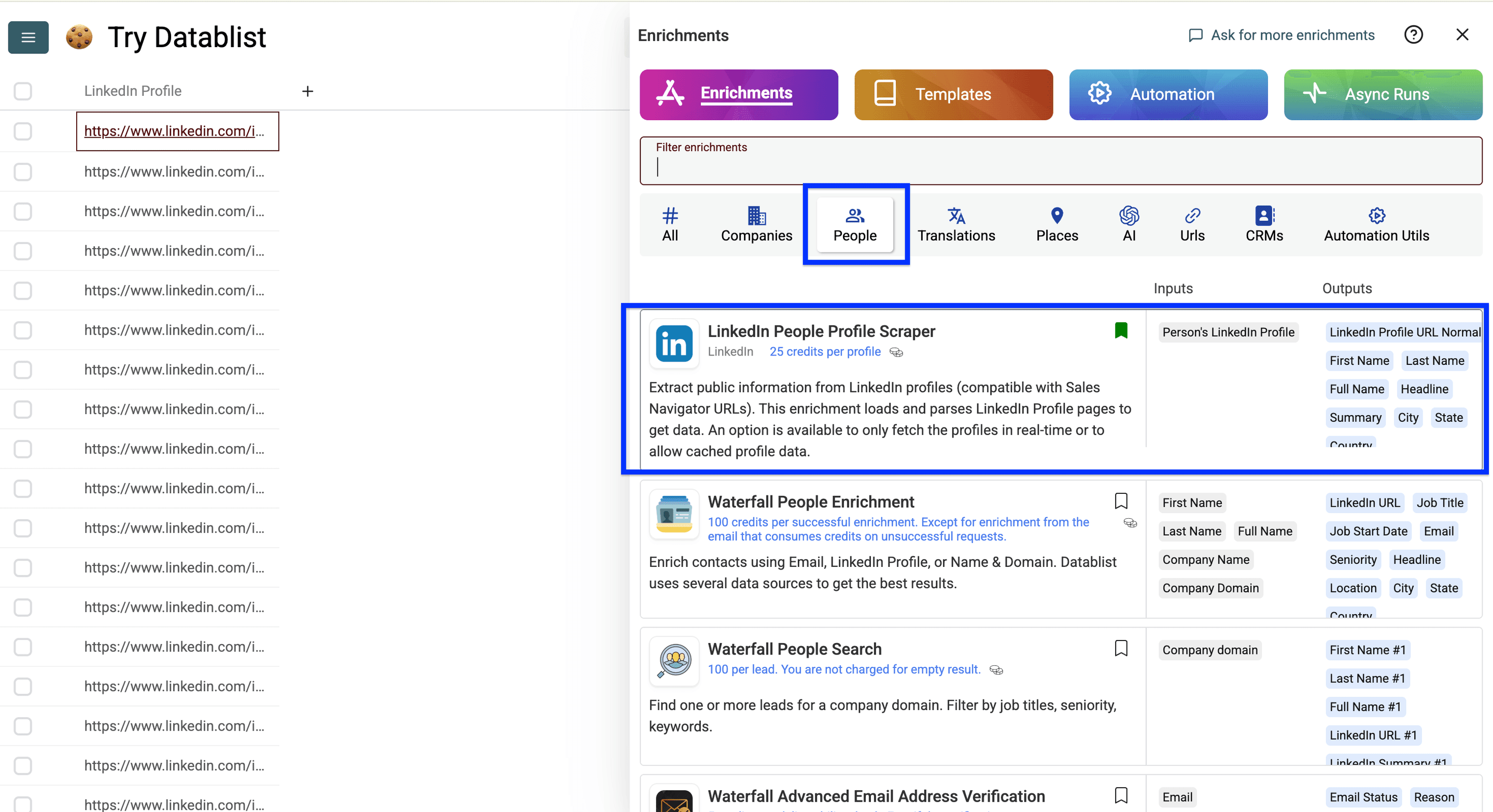 LinkedIn Profile Scraperの選択画面