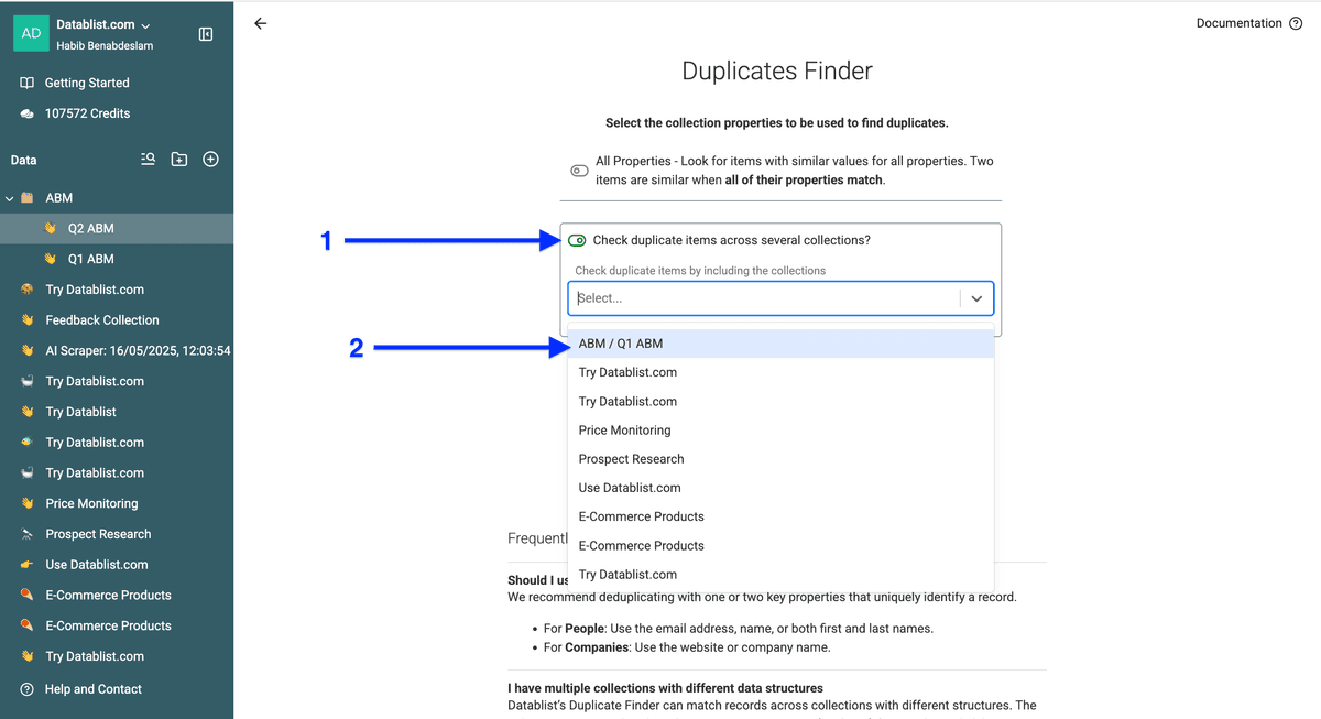 File selection of multi-collection deduplication