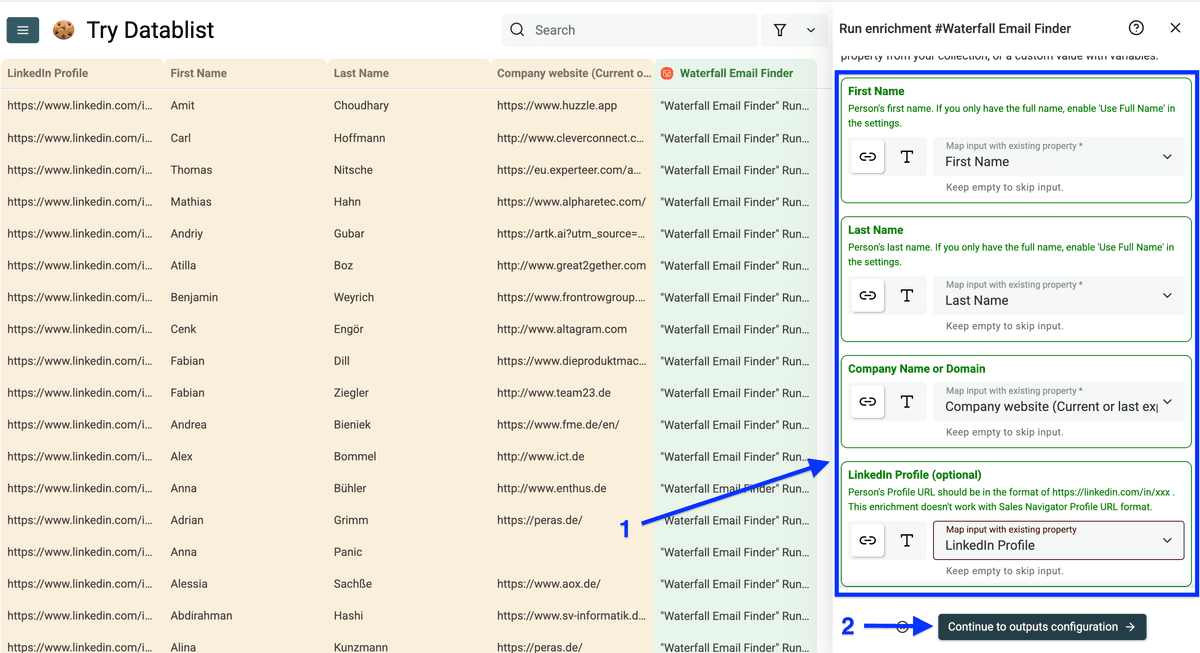 Input configuration for Datablist’s waterfall enrichment