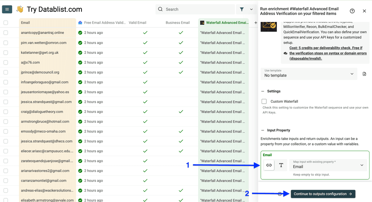 Input configuration of Datablist’s email verification