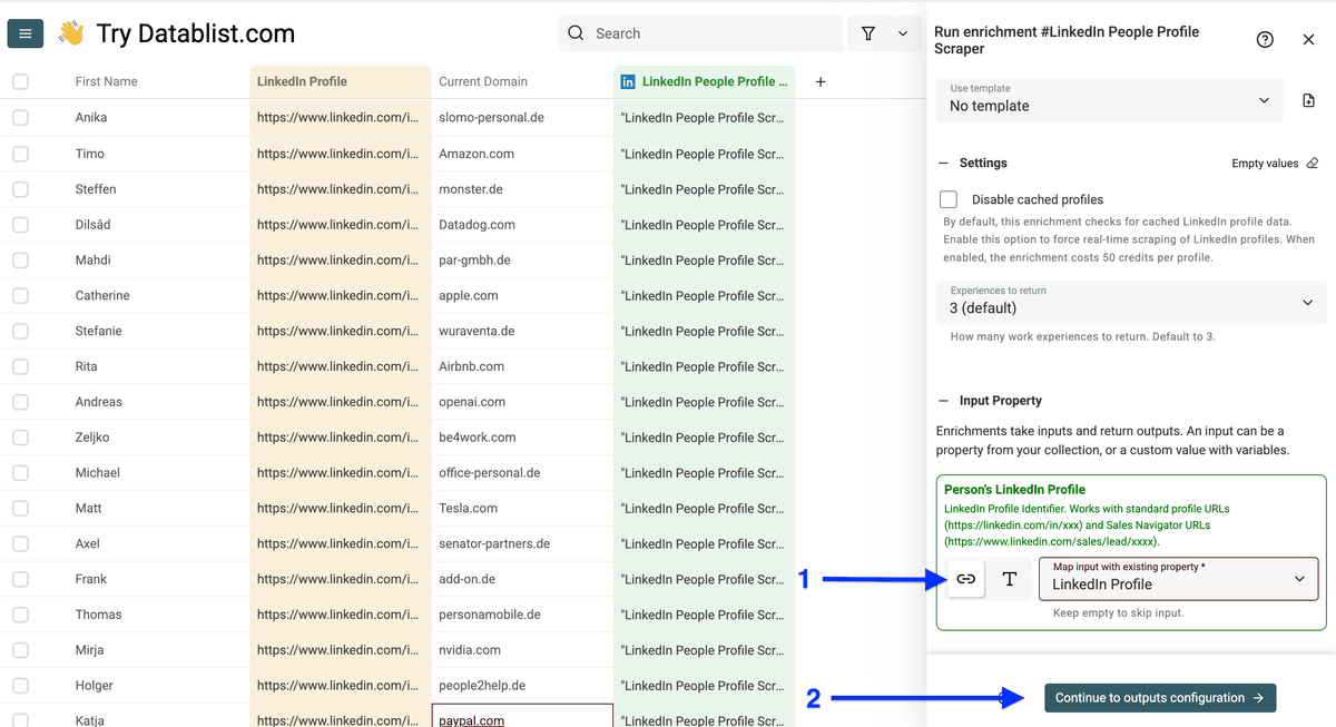 Input configuration of Datablist’s LinkedIn profile scraper