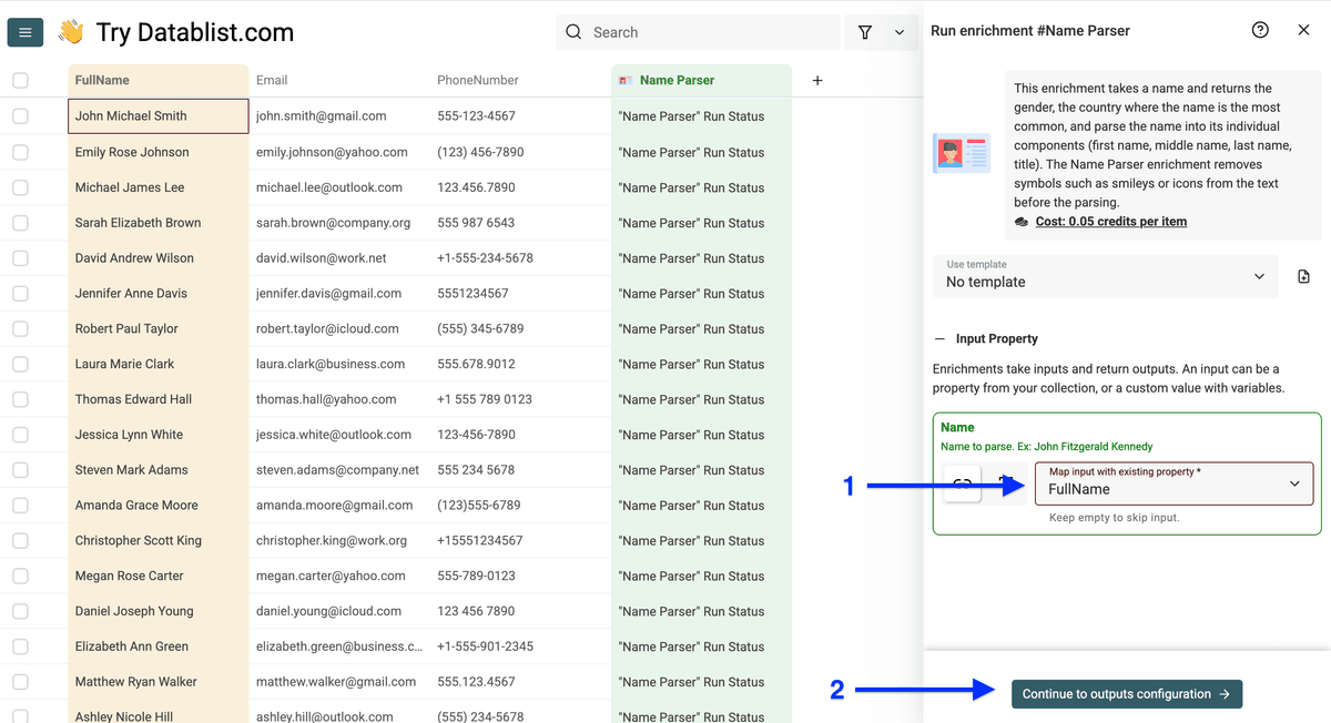 Input configuration of Datablist’s Name Parser