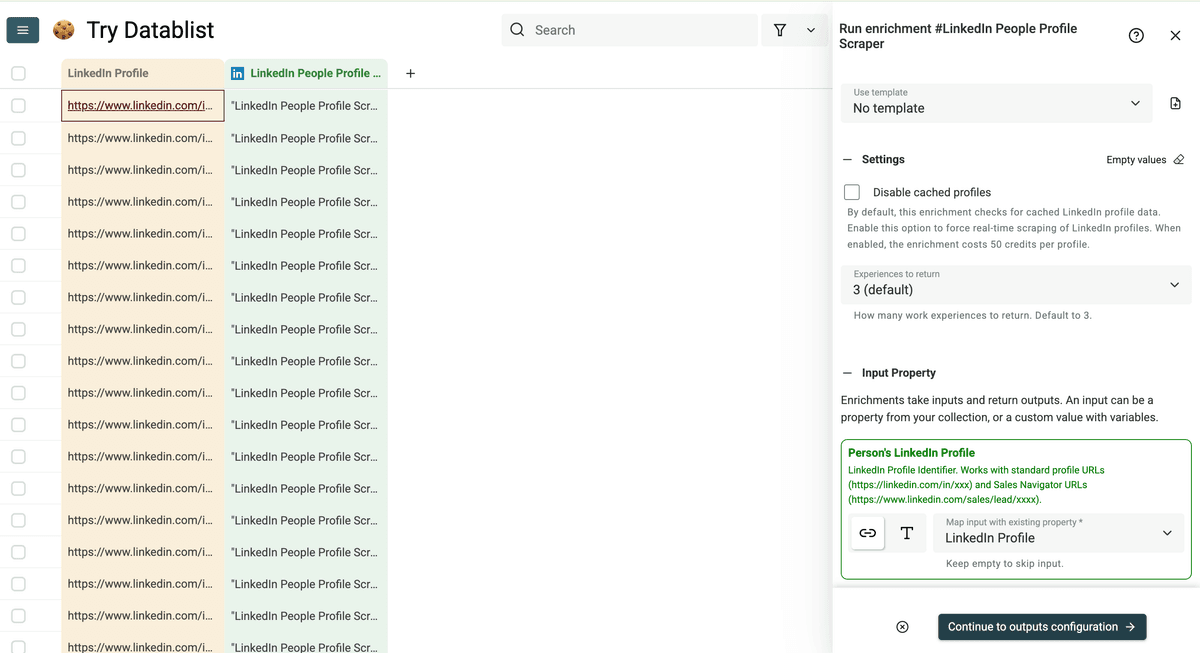 Input configuration for Datablist’s LinkedIn Profile Scraper