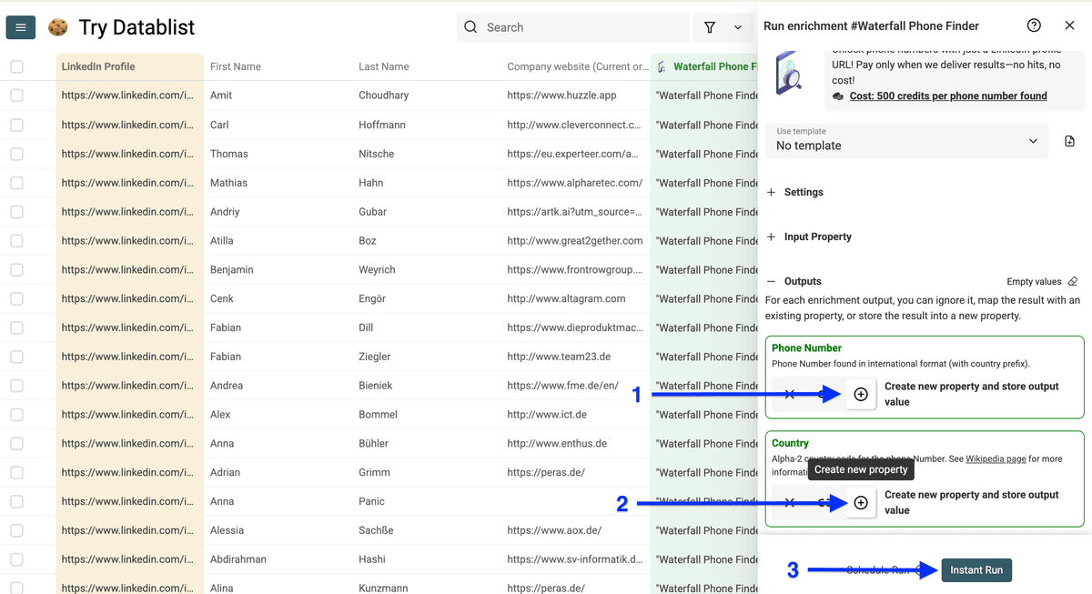 Output column configuration for phone number finder
