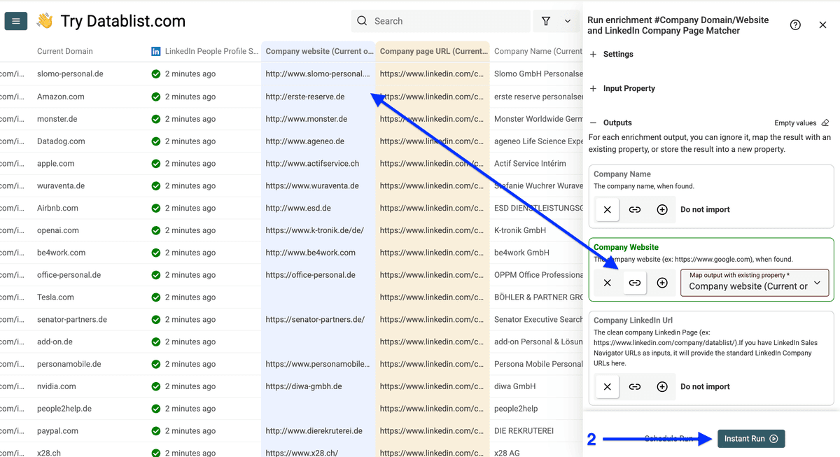 Output column configuration of Datablist’s LinkedIn page to domain enrichment