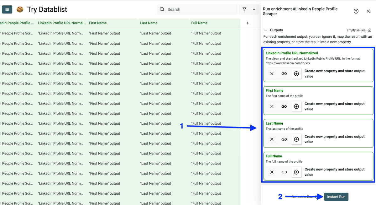 Output columns configuration for Datablist’s LinkedIn Profile Scraper