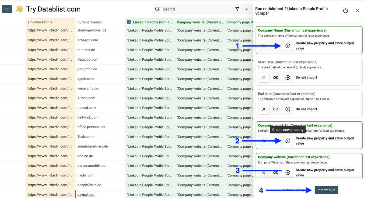 Output columns configuration of Datablist’s LinkedIn profile scraper