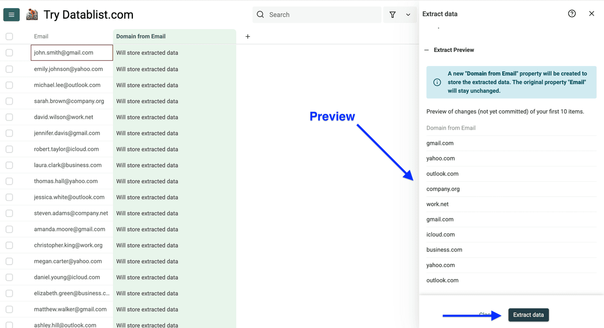 Preview of results of Datablist’s domain extractor