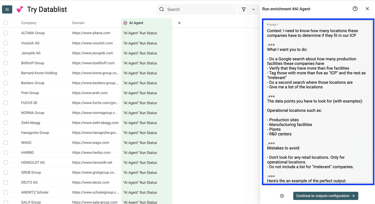 Prompt configuration for Datablist’s AI Research Agent