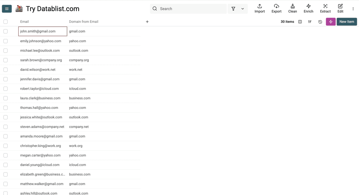 Results of Datablist’s domain extractor