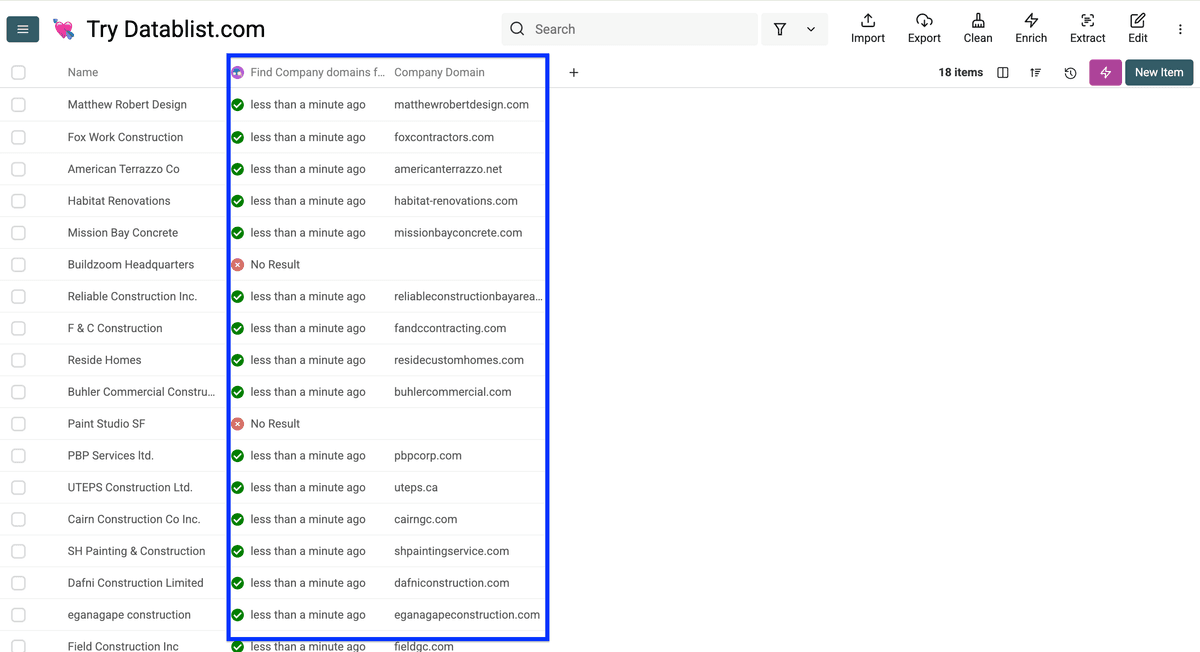 Results of Datablist’s Domain Finder
