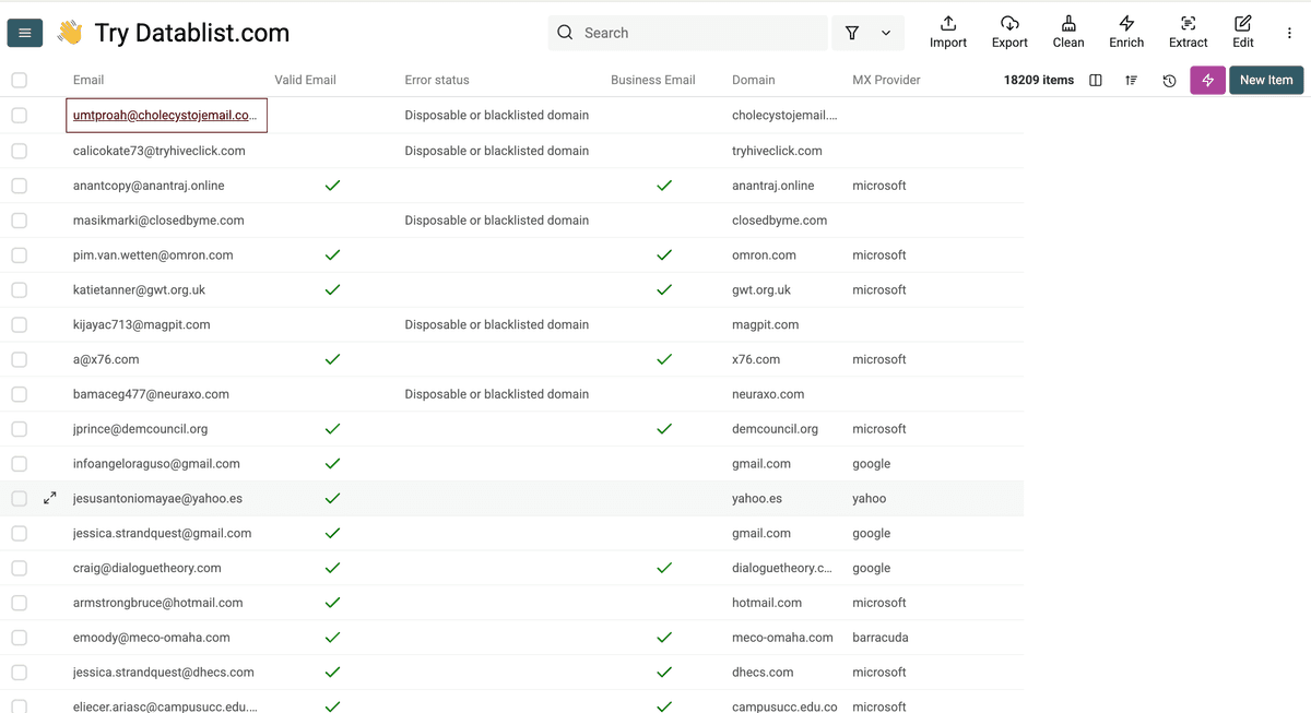 Results of Datablist’s free email validation
