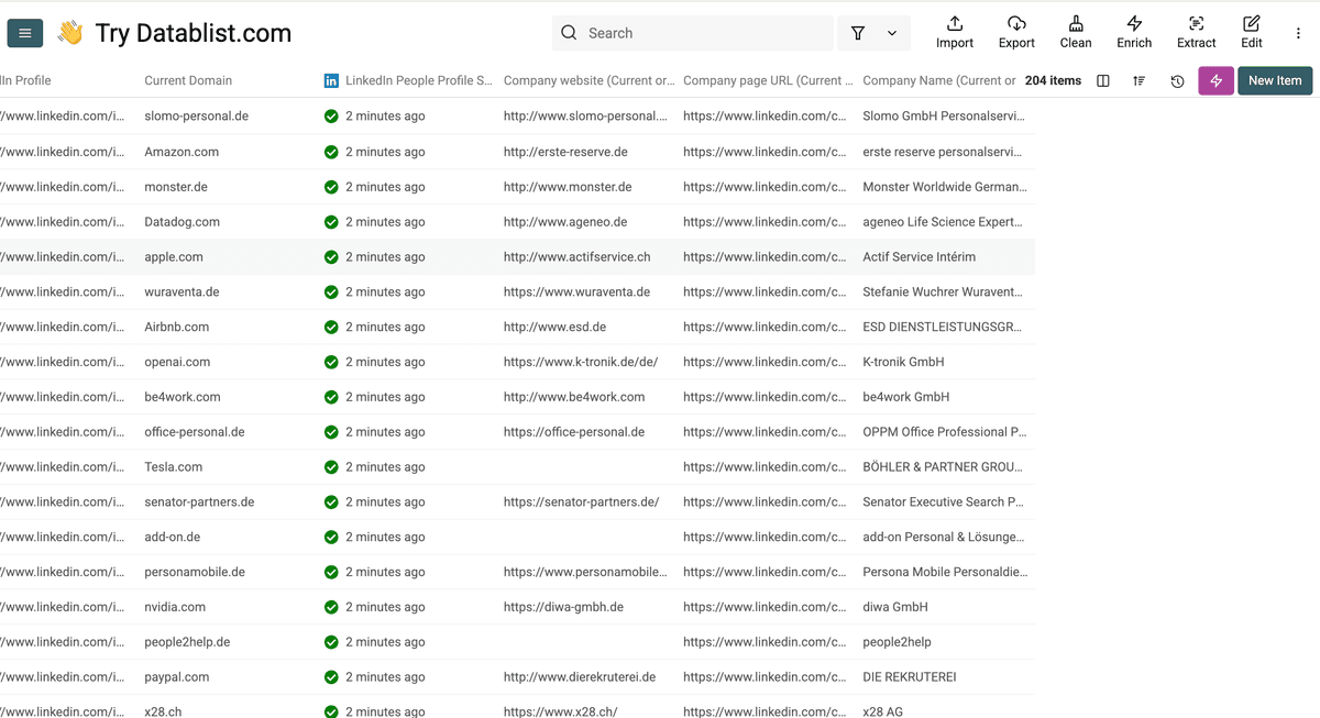 Results of Datablist’s LinkedIn profile scraper