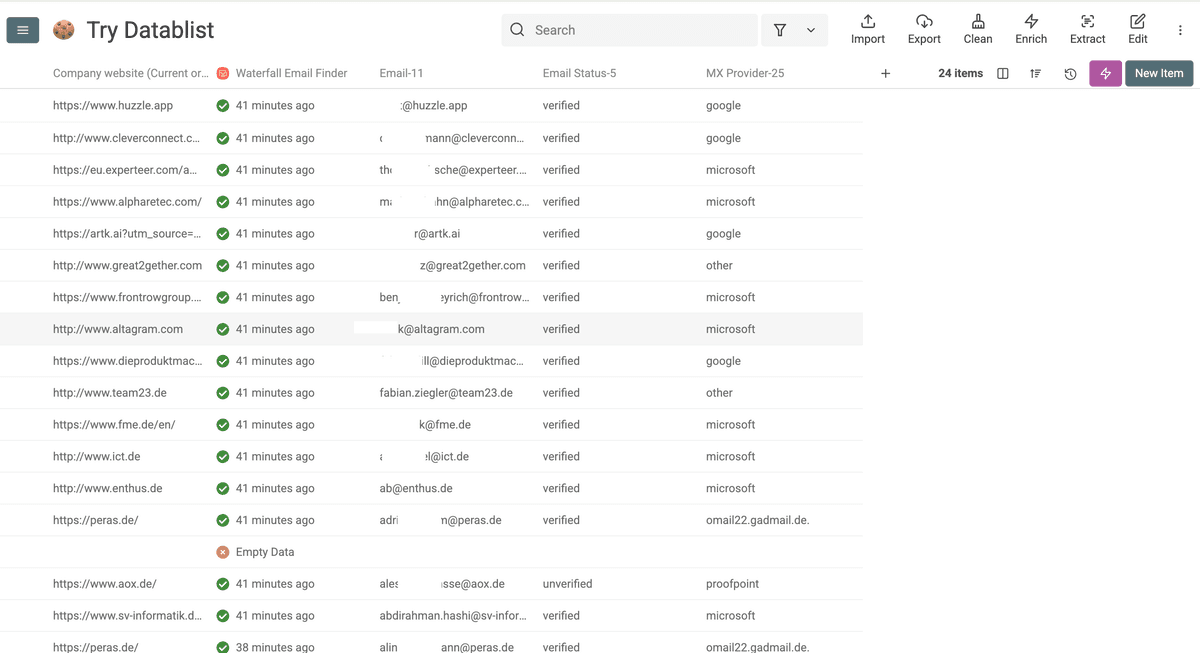 Enriched email list using Datablist's waterfall email enrichment