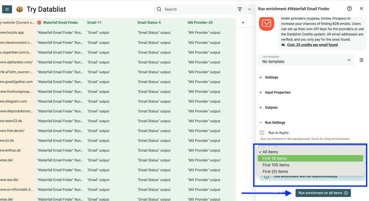 Run settings for Datablist’s waterfall enrichment