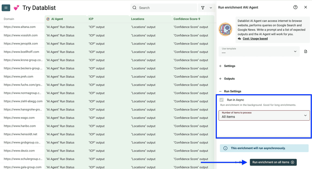 Run settings of Datablist’s AI Research Agent