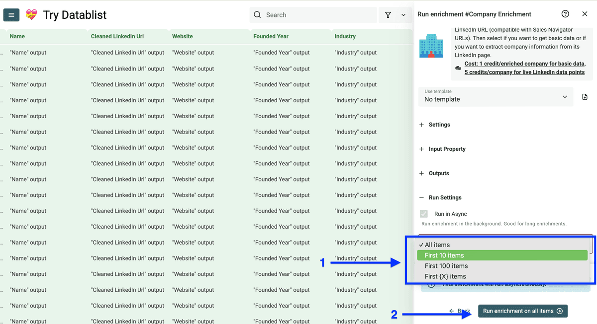 Run settings of Datablist’s Company Enrichment