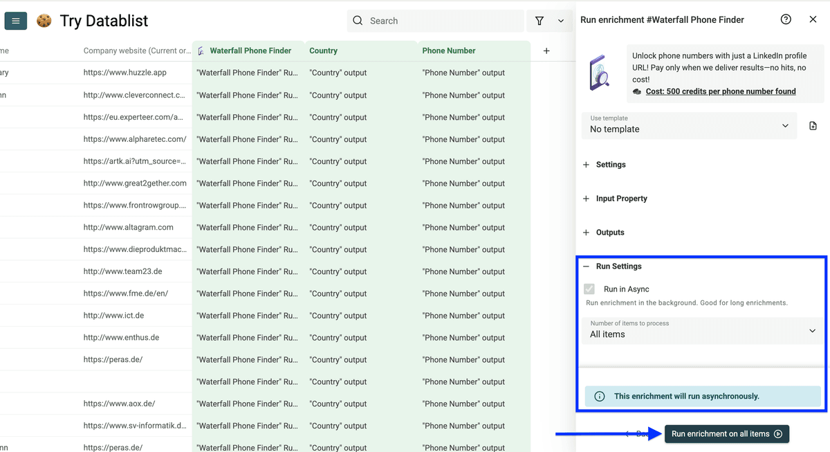 Run settings of phone number enrichment