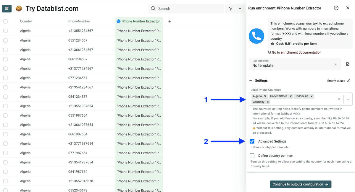 Settings of Datablist’s phone number formatter