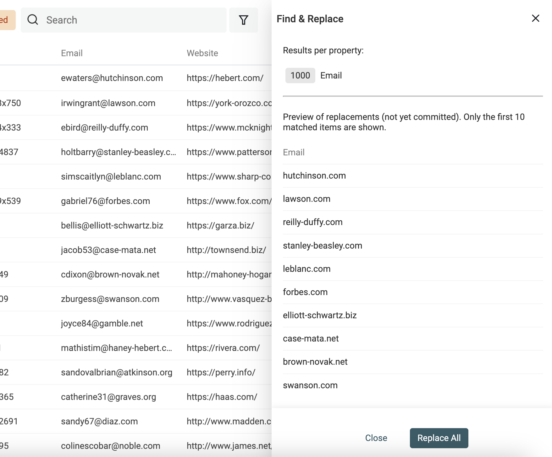Domains from email addresses preview