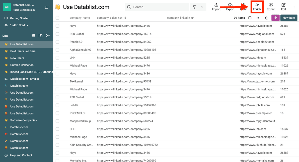 Selecting the “Enrich” option in Datablist.