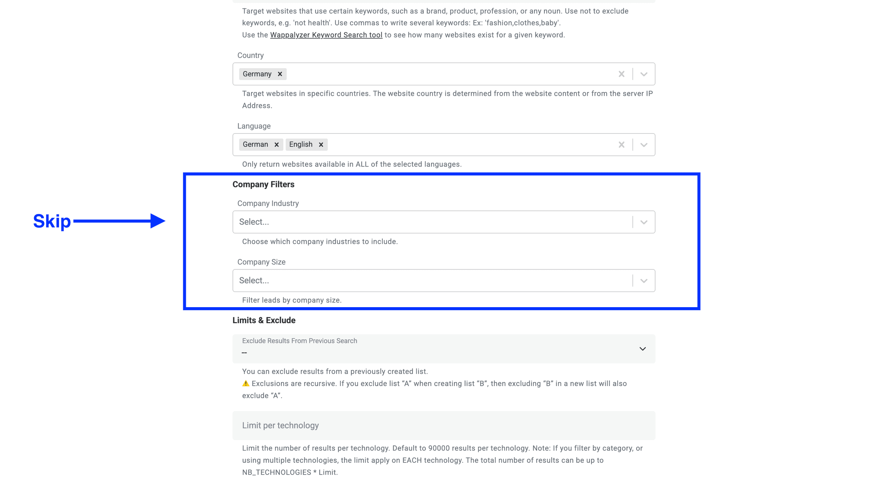 DatablistのTechnology Finder:company filter