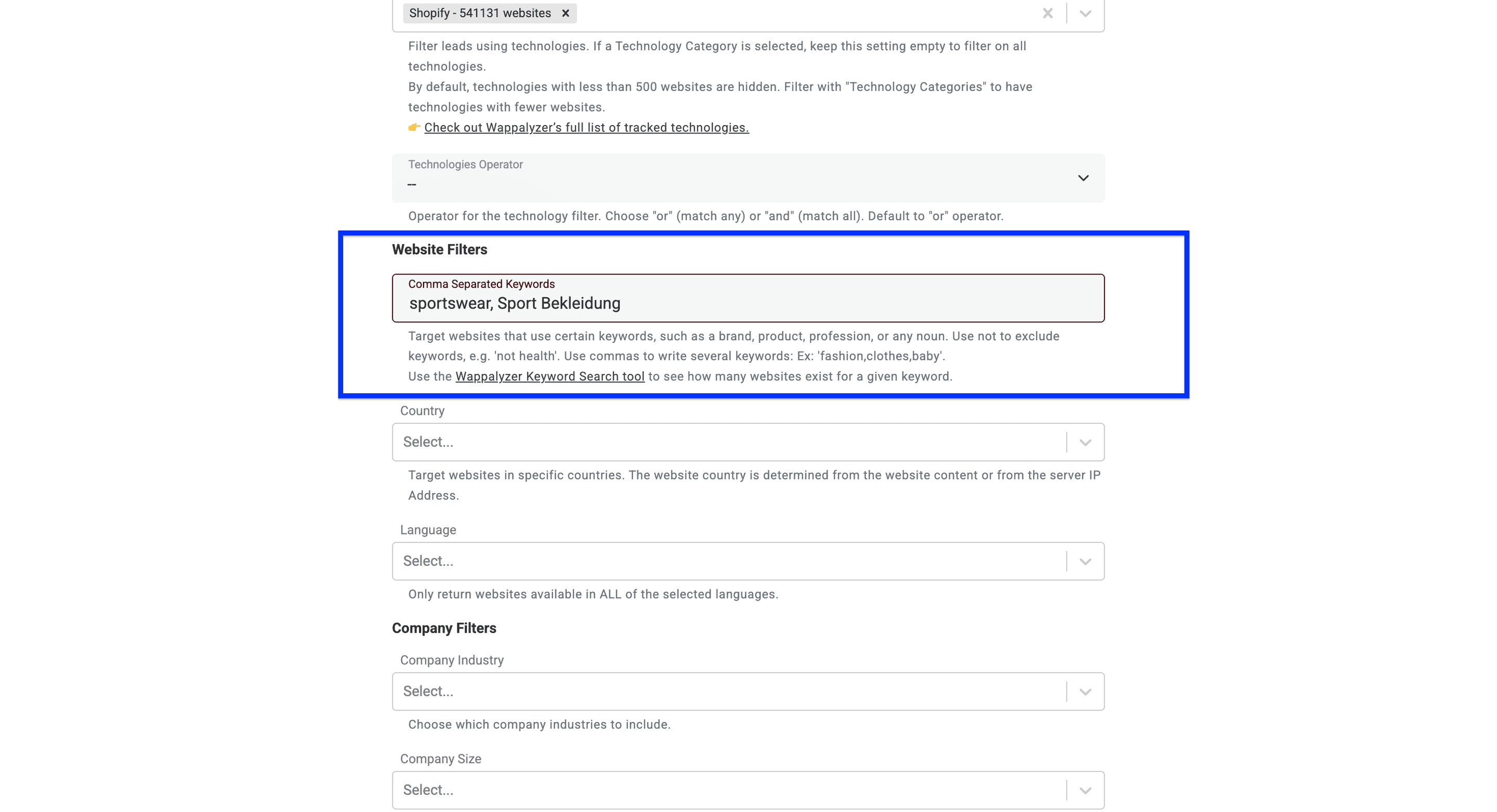 DatablistのTechnology Finder:keyword filter