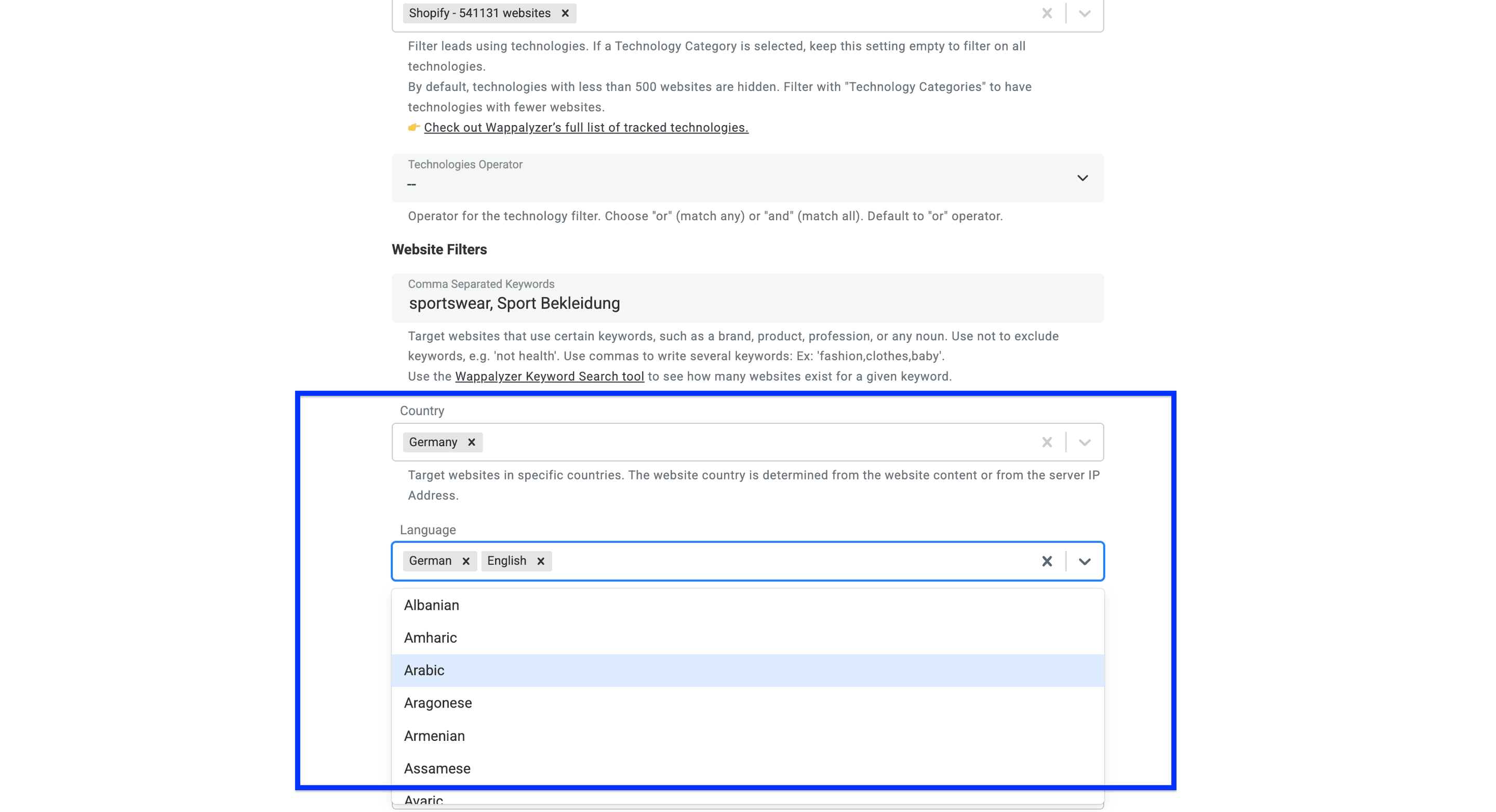 DatablistのTechnology Finder:language and country filter