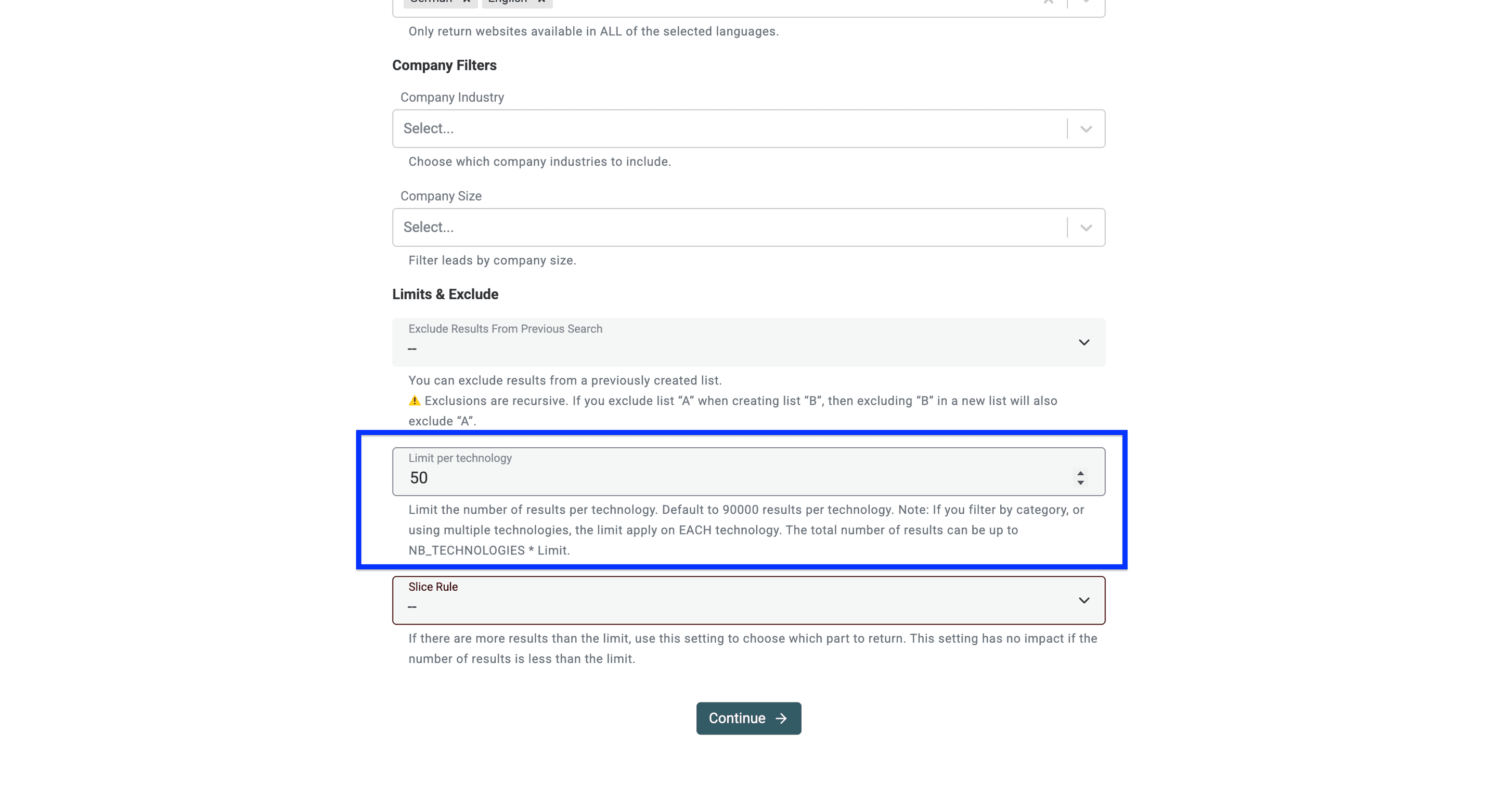 DatablistのTechnology Finder:limit setup