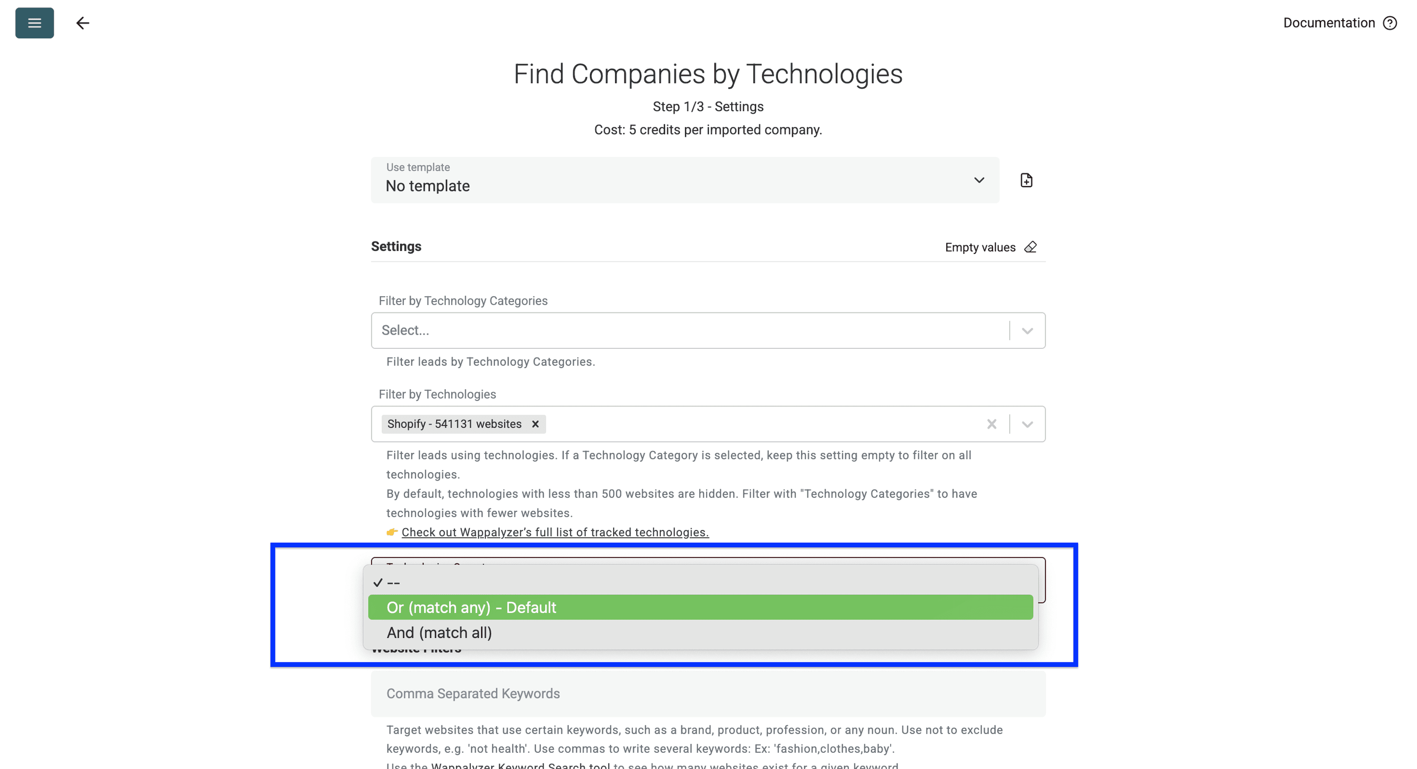 DatablistのTechnology Finder:matching operator